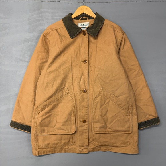 Vintage L.L.Bean Barn Coat Tan Plaid Flannel Lined Corduroy Trim Women's Medium - Picture 2 of 7